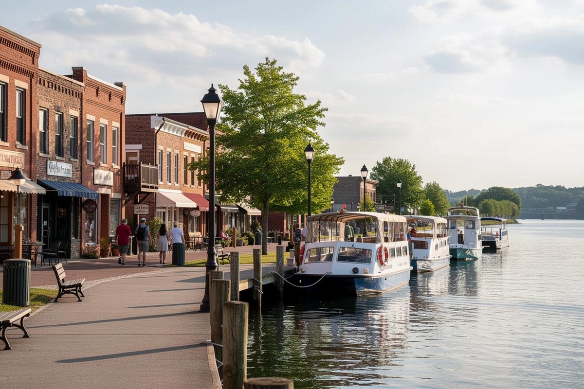 River town waterfront with a walking path, historic buildings, and small boats near downtown